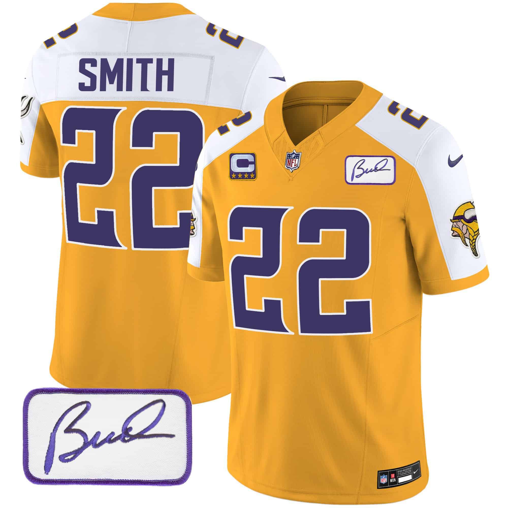Men Minnesota Vikings 22 Smith Yellow 2024 Nike Bud Grant Patch Classic Limited NFL Jersey style 1